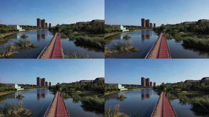 原创航拍视频素材城市河道楼盘街景绿化