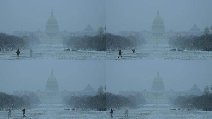 美国国会大厦冬天冬季经济萧条下雪