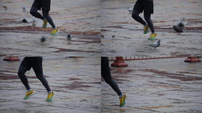 下雨，跑步，脚步特写，雨中运动员