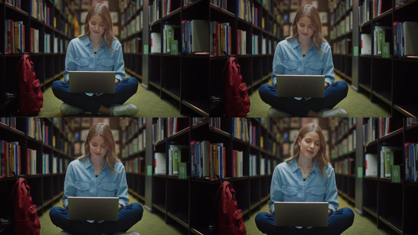 图书馆里使用笔记本电脑的女子