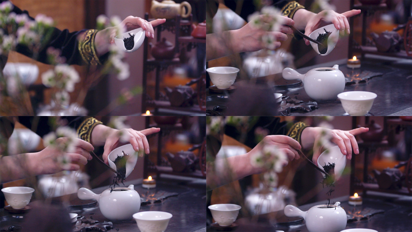 红茶叶倒入泡茶壶内 红茶叶器皿 茶叶升格