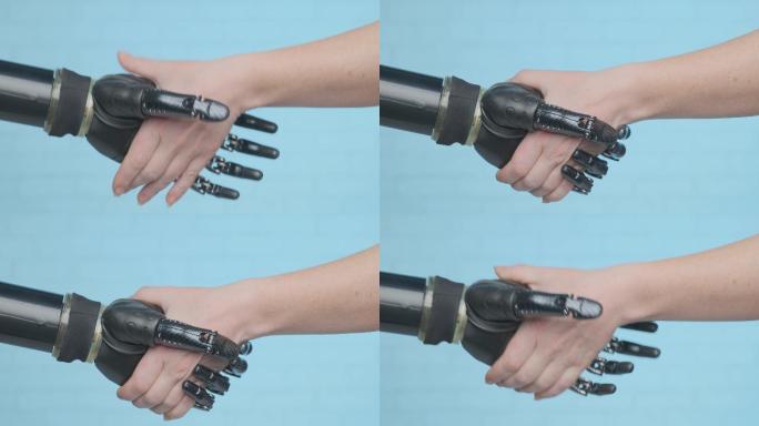在蓝色背景中拟人机器人手臂和人手握手。