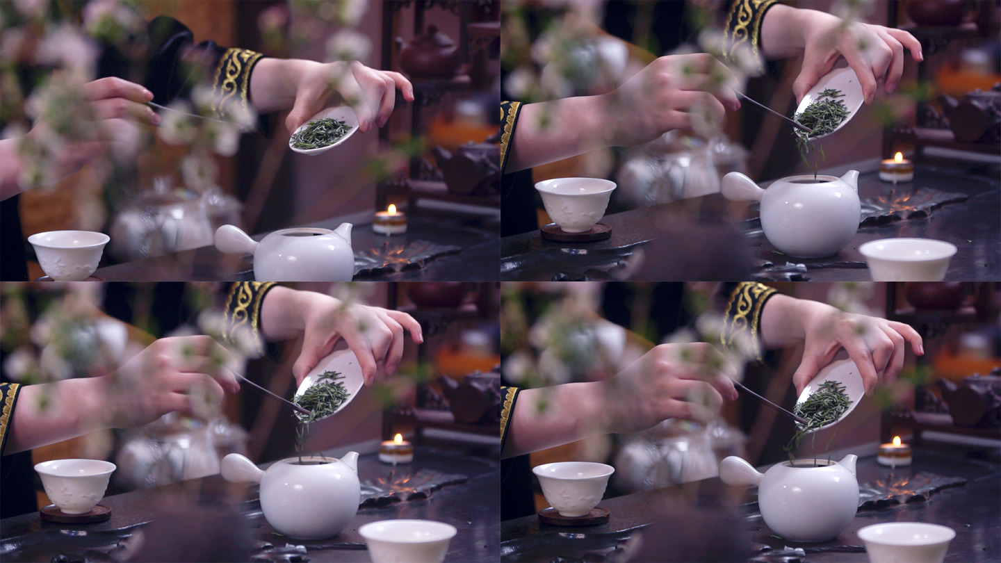 绿茶叶倒入泡茶茶叶器皿茶叶升格意境
