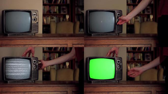 打开绿色屏幕的旧电视