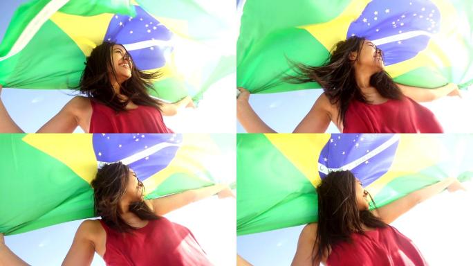 慢镜头下巴西国旗下的快乐女人