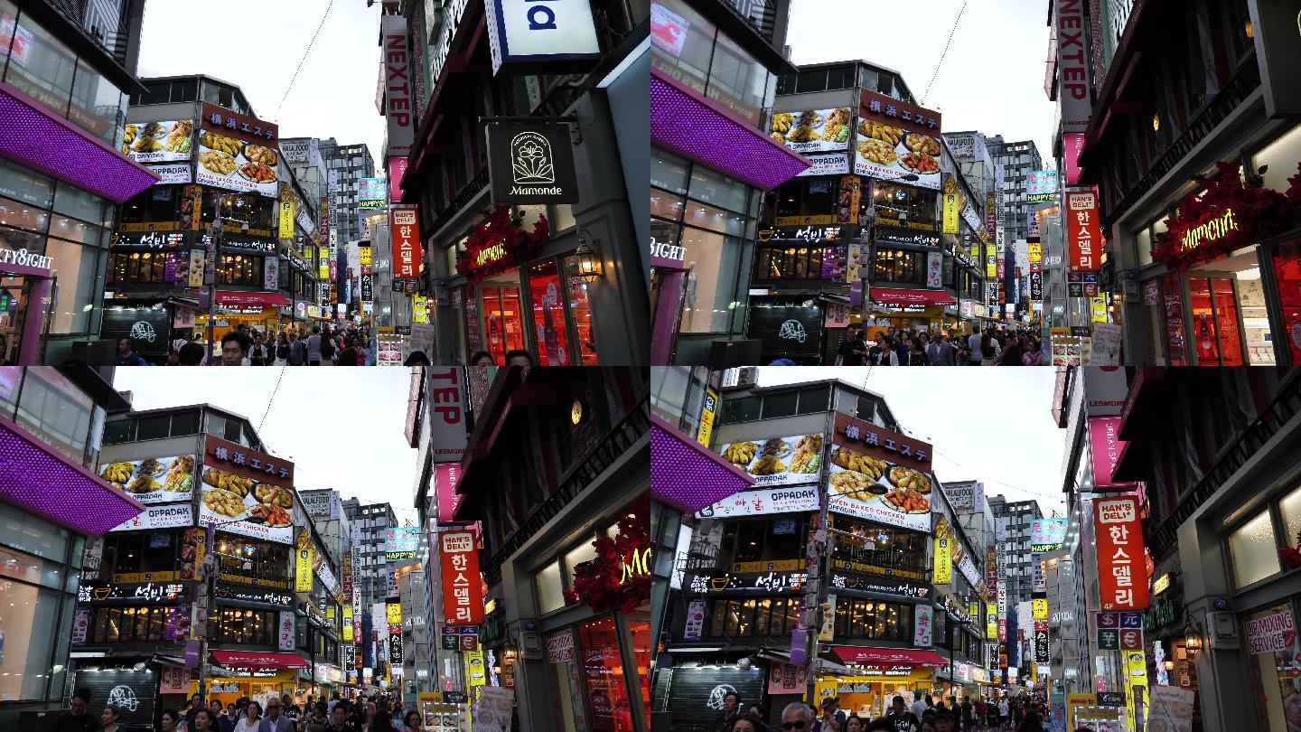 韩国首尔明洞夜市的购物街。