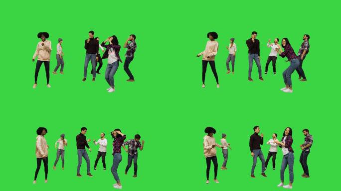 年轻人在绿色屏幕上跳舞