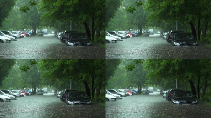大雨淹没了城市街道上的汽车