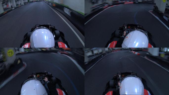 卡丁车赛车主观速度感快速行驶戴头盔镜头