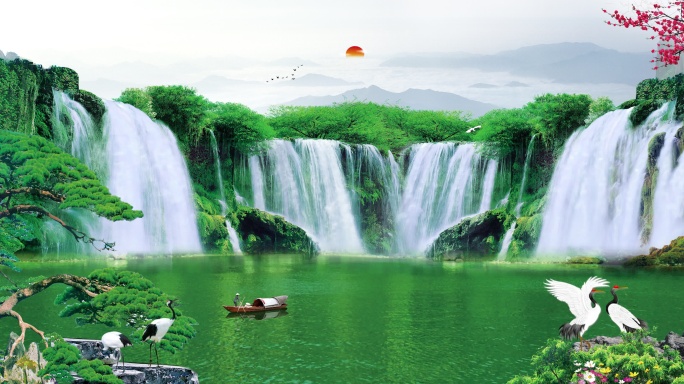 青山绿水仙鹤环保大自然瀑布无缝循环背景