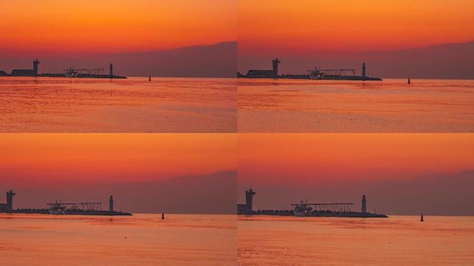 青岛奥帆中心日出之前红色的海