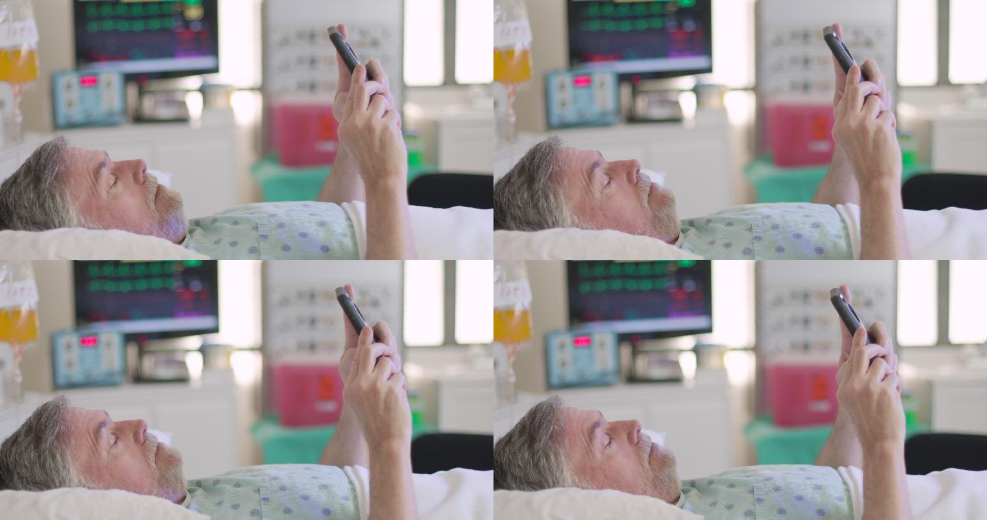 患者使用手机外国老人生病病床孤寡老人