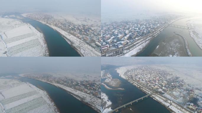 航拍冬天乡村 冬天河流 乡村振兴