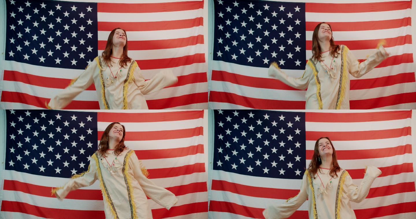 女子在美国国旗背景下跳舞