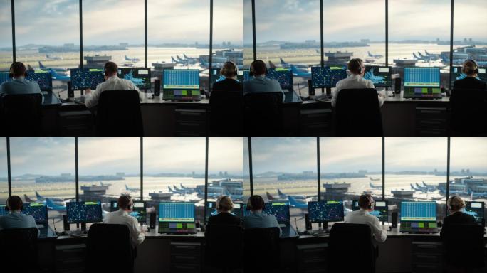 空中交通管制团队在机场塔楼工作。