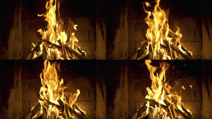 壁炉里燃烧的火欧洲欧式建筑取暖