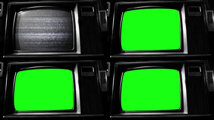 复古木风格的绿色屏幕电视机。