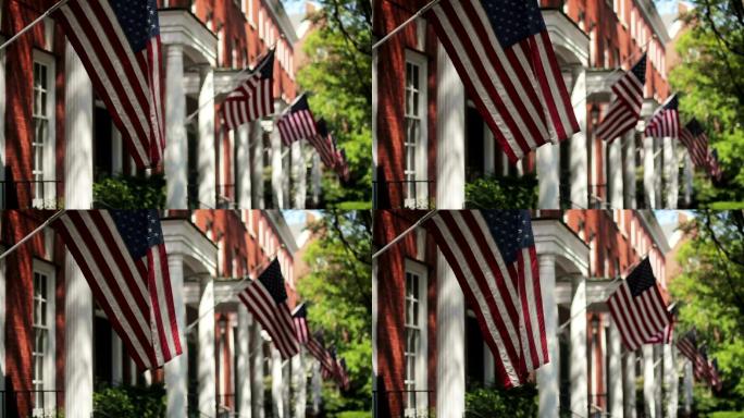 住宅上的一排传统美国国旗。