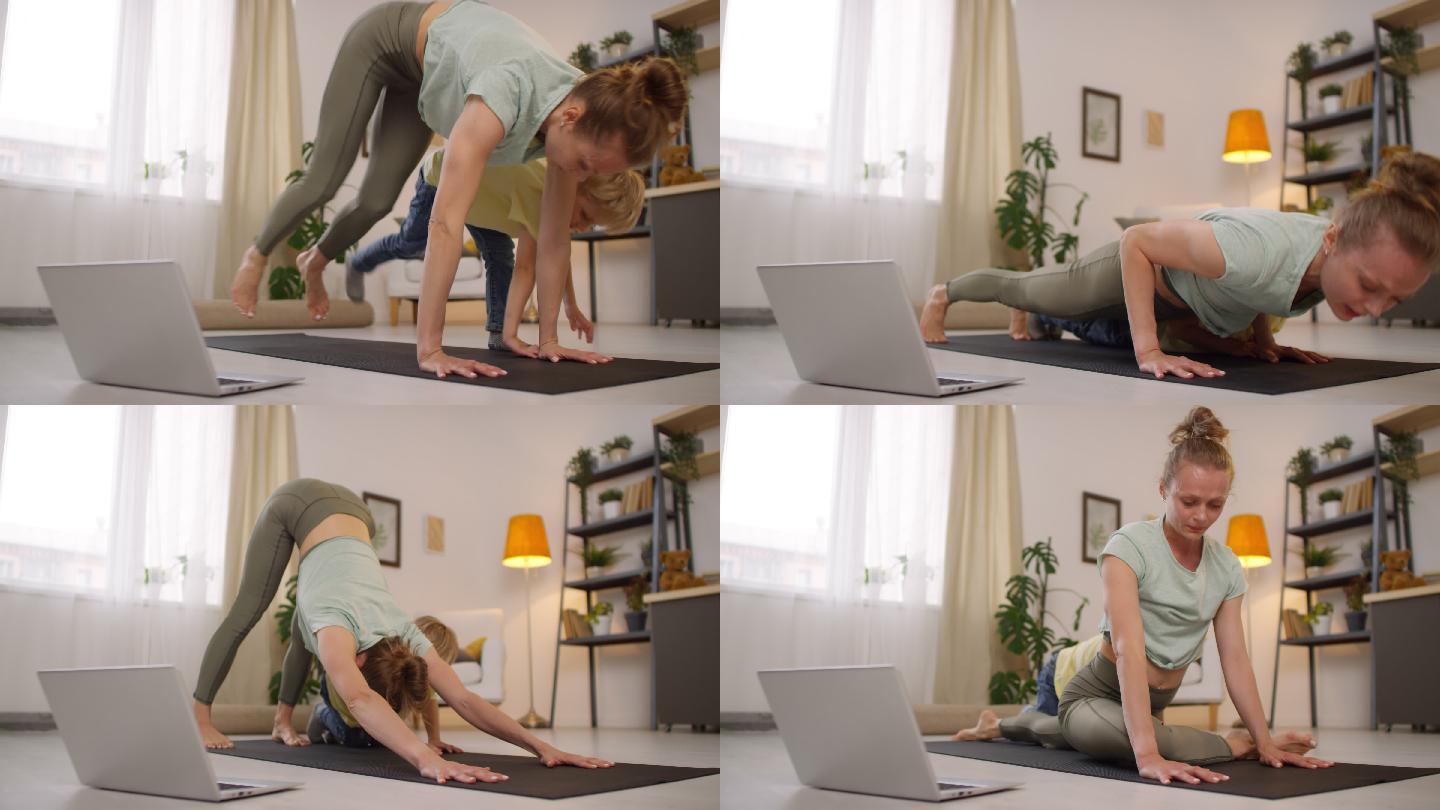 在家练瑜伽的女人亲子锻炼居家瑜伽练习健康