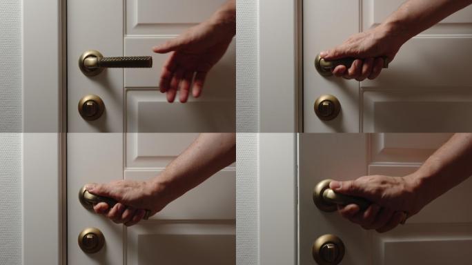男性在家里用手打开门把手