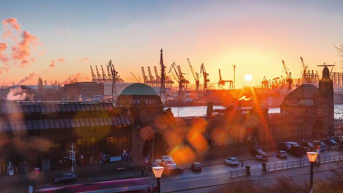 延时拍摄的汉堡港大气全景空镜车流