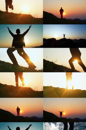 登山男人逆光剪影成功登顶团队协作勇攀高峰