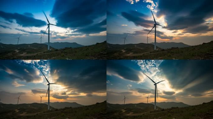 风车电厂与朝霞变换的延时摄影