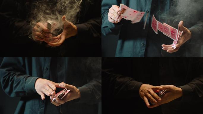 特写一个魔术师表演纸牌戏法