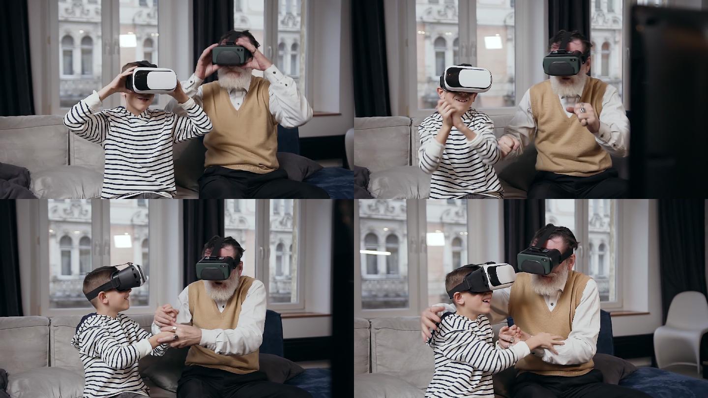 老人和孙子使用虚拟现实眼镜