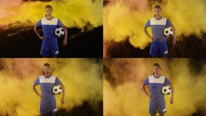 背景烟雾爆炸中的女足球运动员