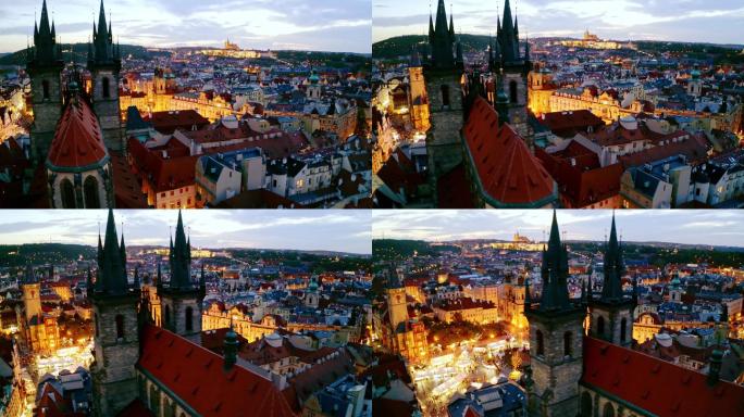 黄昏时分布拉格复活节市场鸟瞰图