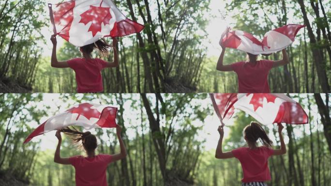 女孩举着加拿大国旗跑步