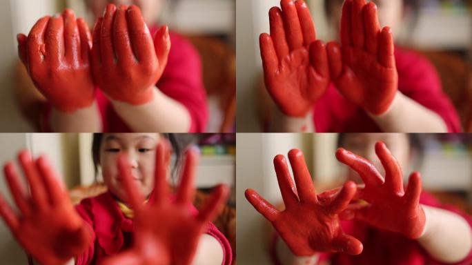颜色调料小孩手掌抹颜料色彩课堂娃娃50帧