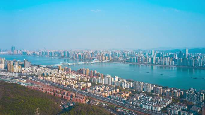 航拍杭州城全貌鸟瞰图4K