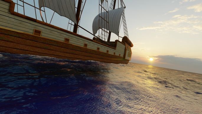 夕阳下一只帆船出海航行