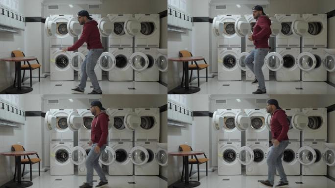 男人在洗衣房里跳舞