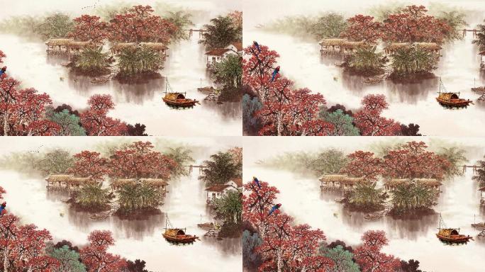 江南水乡中国风水墨画树林小船无缝循环背景
