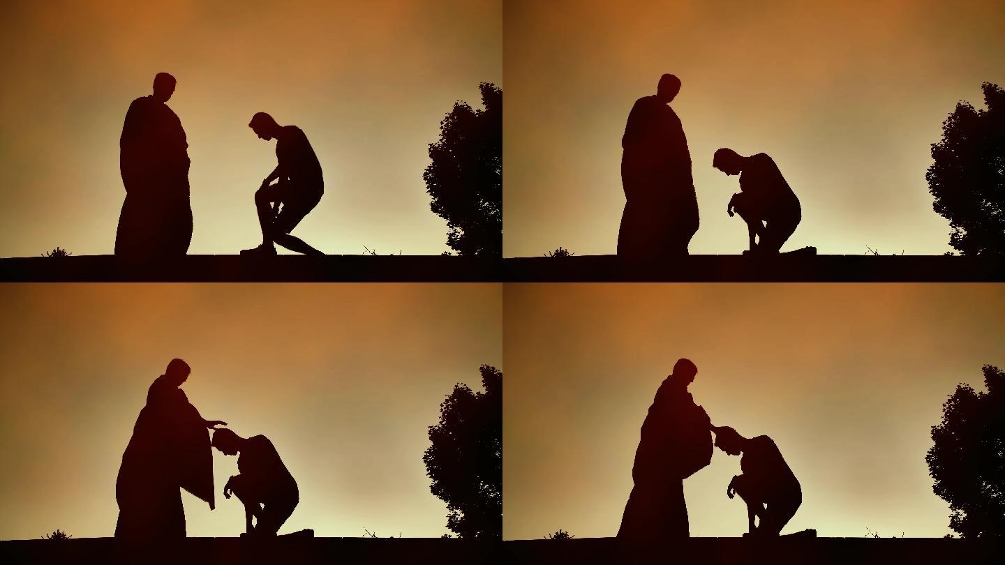一个人跪在牧师面前接受祝福