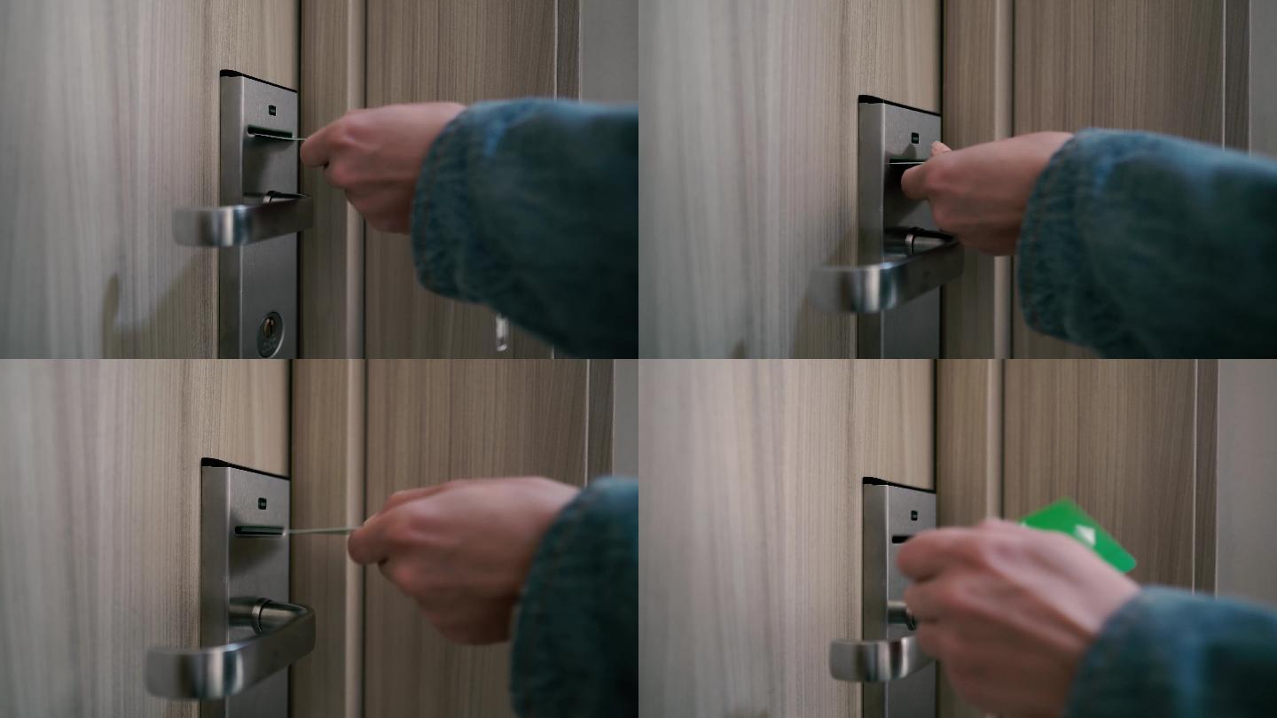 女孩将一张钥匙卡插入酒店房间的门