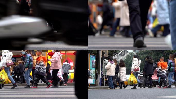 人群脚步特写升格过马路人流