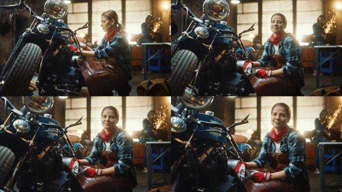 女机械师正在制作一辆定制的摩托车