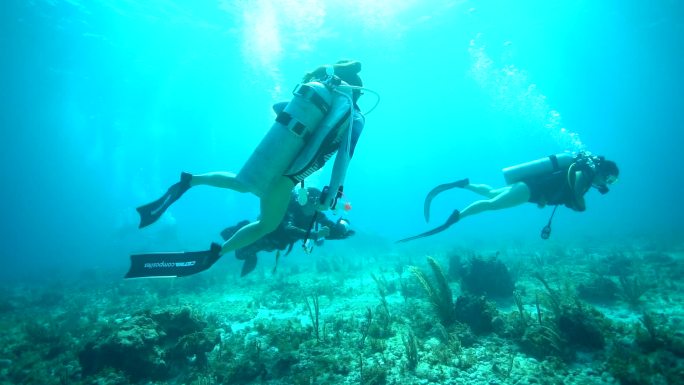 三个人海底潜水 带自拍杆
