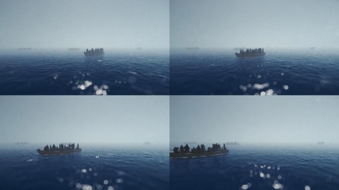难民乘坐小船在海上浓雾中航行