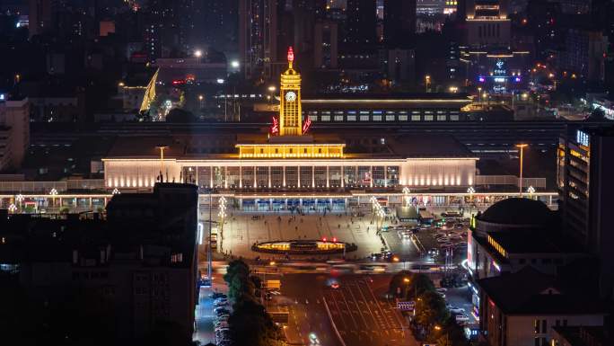 4K湖南长沙火车站城市夜景车流延时