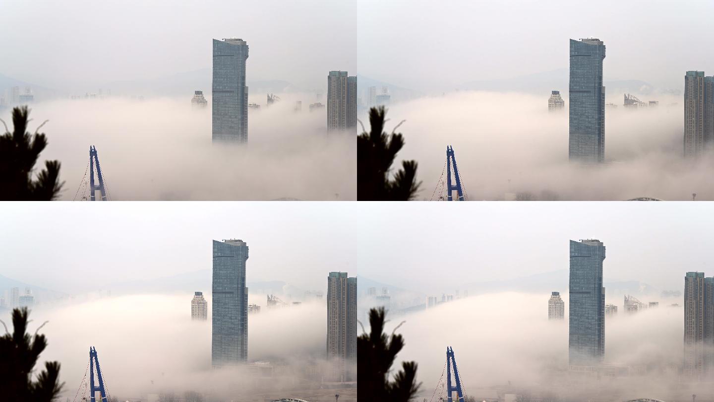 大连星海湾和君悦酒店平流雾如同仙境