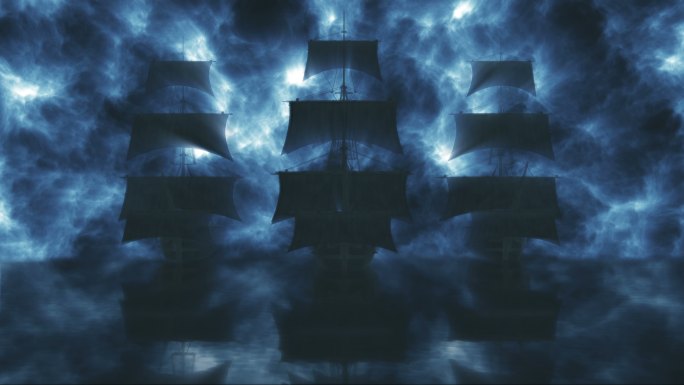 三艘帆船从蓝色发光的云层中冒出来