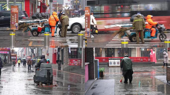下雨天清扫城市工作的保洁清洁工