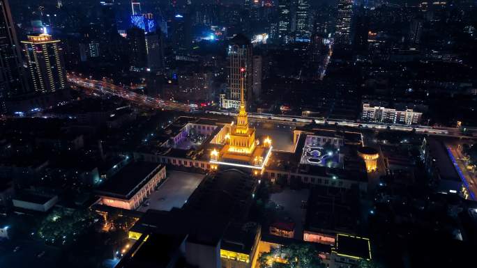 上海展览中心夜景航拍