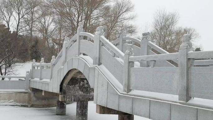 冬季公园小桥积雪下雪降雪