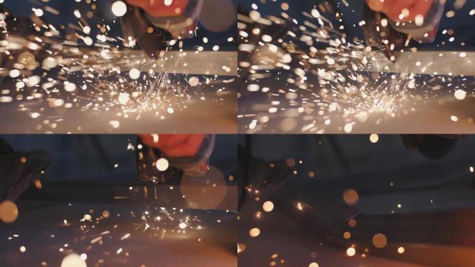 用圆锯切割金属火花四溅焊接电焊工人